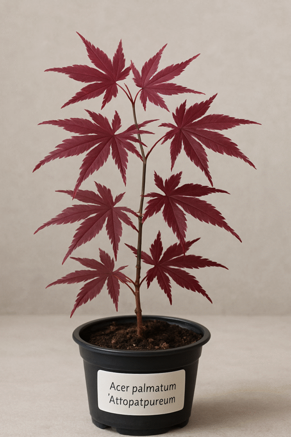 Klon palmowy 'Atropurpureum' – Acer palmatum 'Atropurpureum' – Purpurowa ozdoba ogrodu, sadzonka w pojemniku